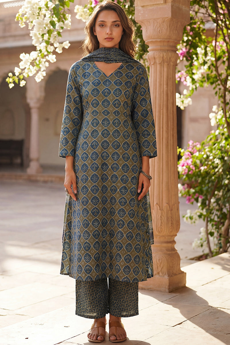 Olive Rayon Blend Floral Printed A Line Kurta Palazzo With Dupatta