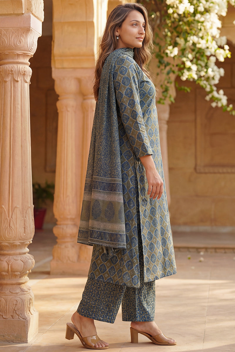 Olive Rayon Blend Floral Printed A Line Kurta Palazzo With Dupatta