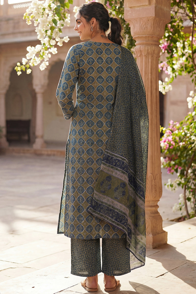 Olive Rayon Blend Floral Printed A Line Kurta Palazzo With Dupatta