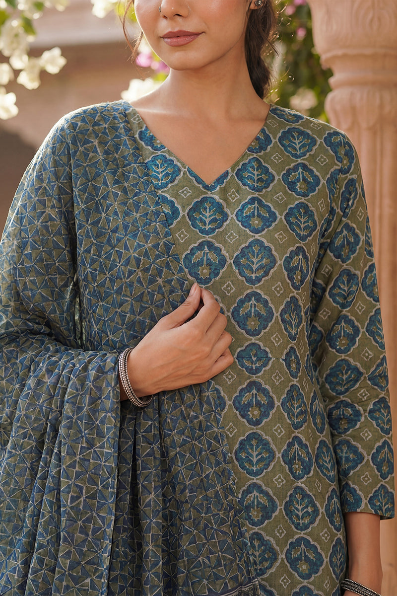 Olive Rayon Blend Floral Printed A Line Kurta Palazzo With Dupatta