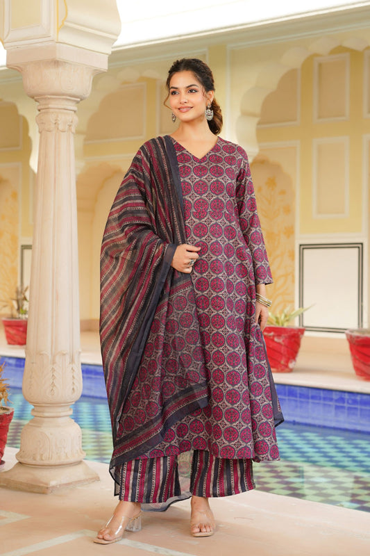 pink rayon blend floral printed a line kurta palazzo with dupatta vkskd2331