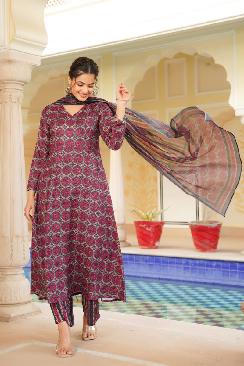 Pink Rayon Blend Floral Printed A Line Kurta Palazzo With Dupatta