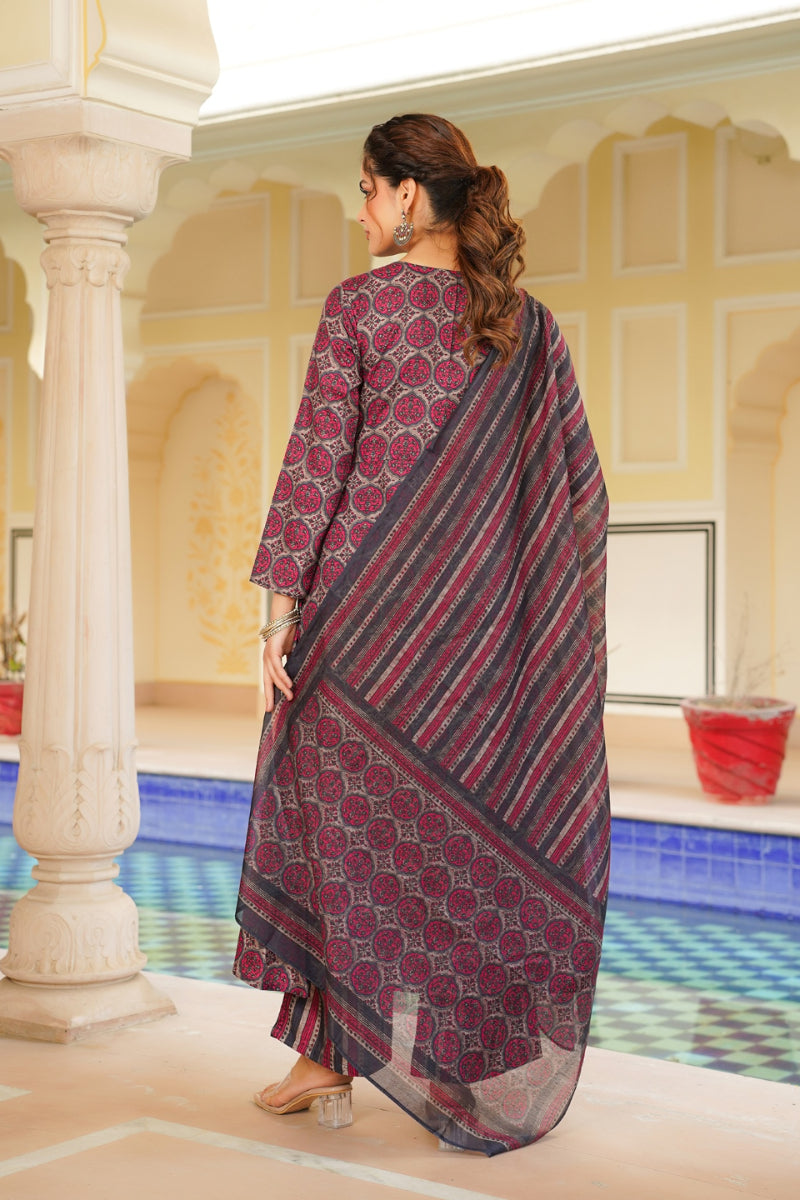 Pink Rayon Blend Floral Printed A Line Kurta Palazzo With Dupatta