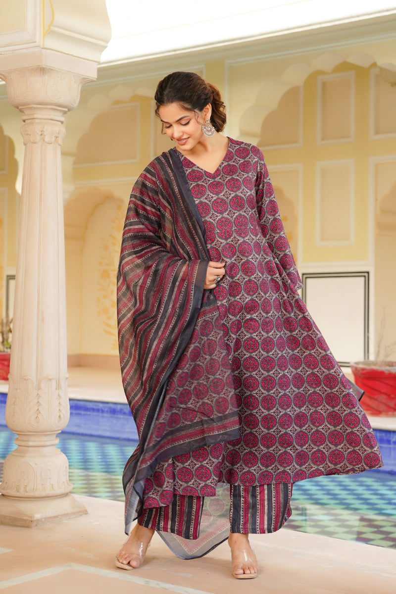 Pink Rayon Blend Floral Printed A Line Kurta Palazzo With Dupatta
