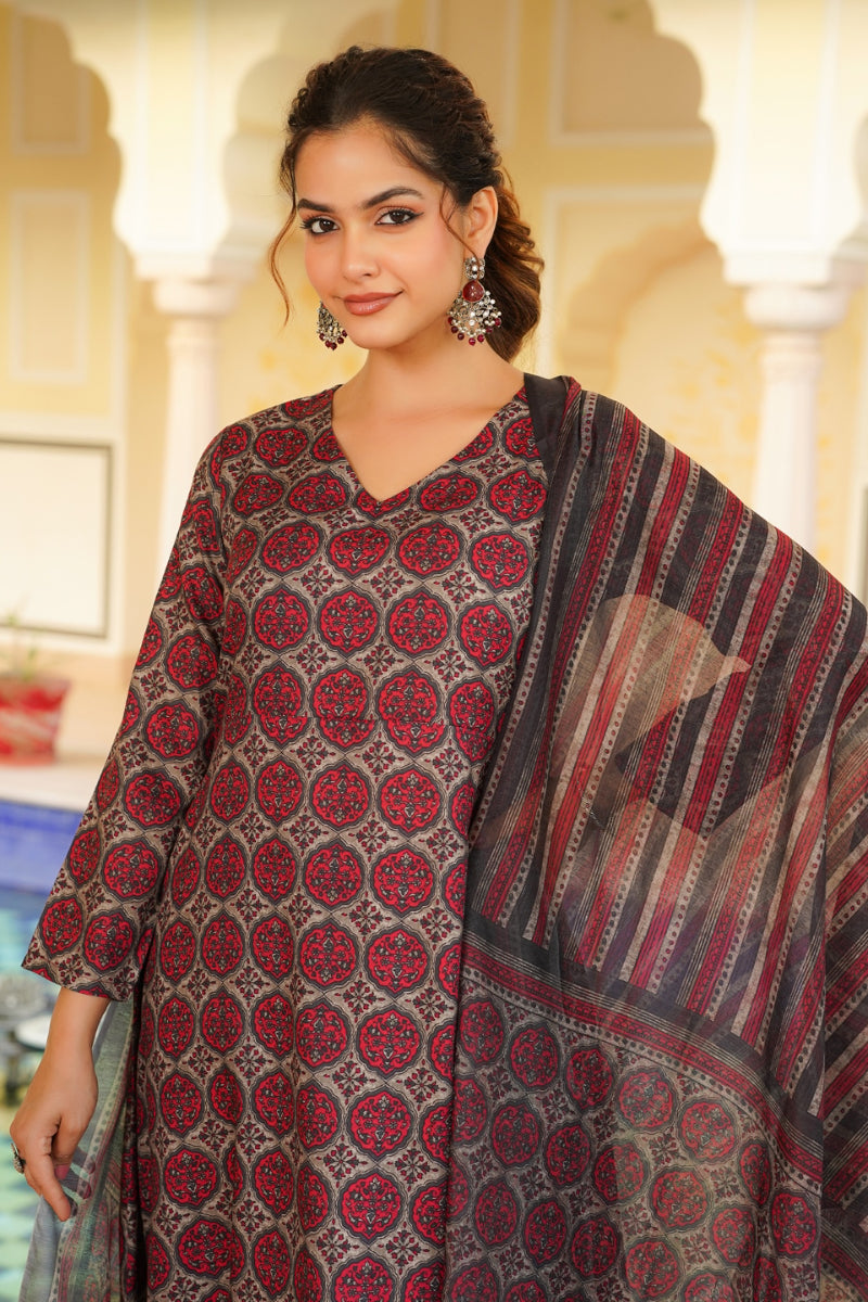 red rayon blend floral printed a line kurta palazzo with dupatta vkskd2332