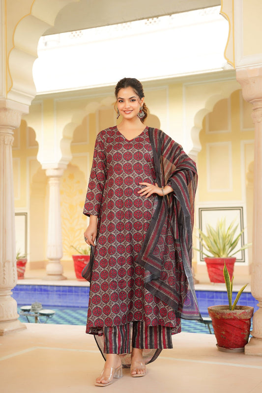 red rayon blend floral printed a line kurta palazzo with dupatta vkskd2332