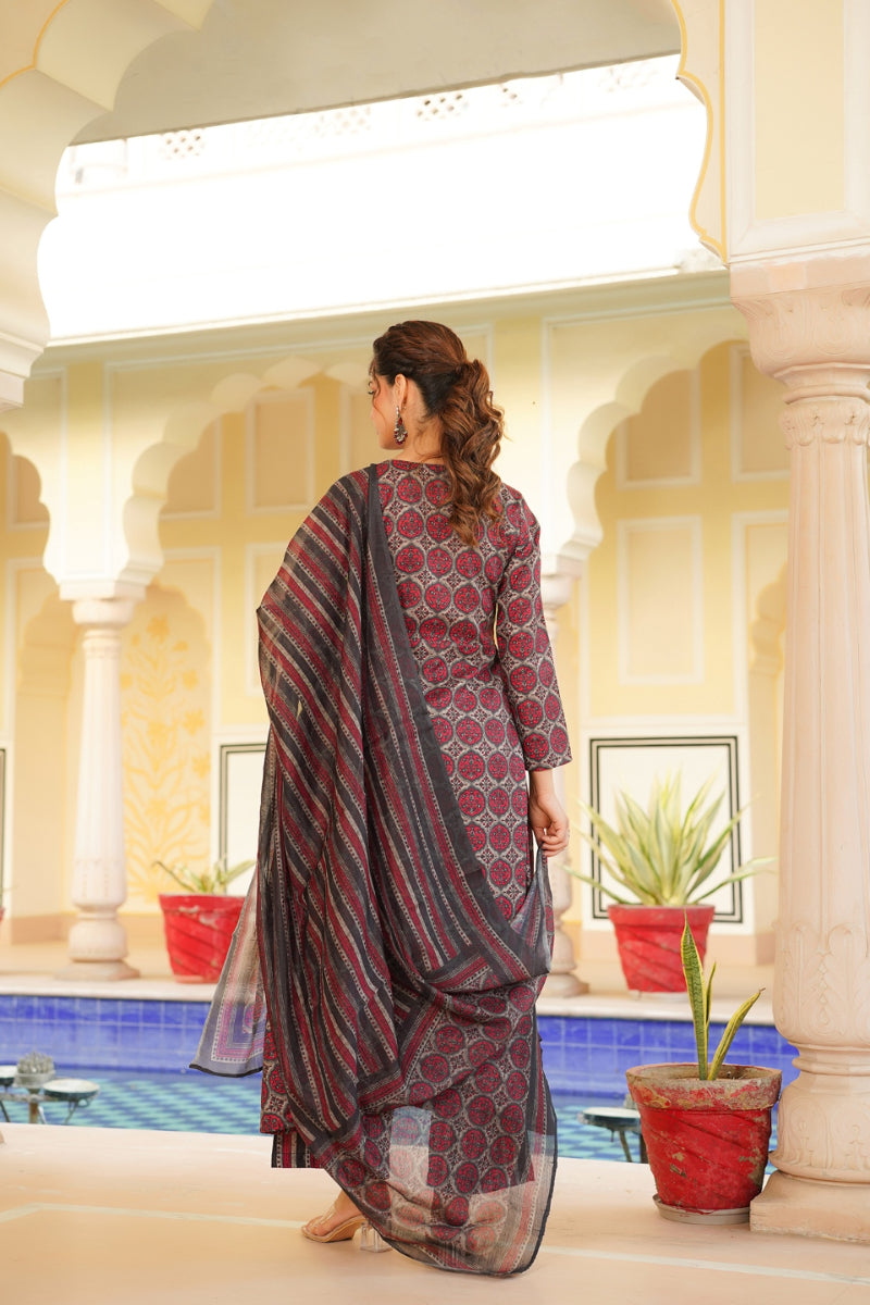 red rayon blend floral printed a line kurta palazzo with dupatta vkskd2332