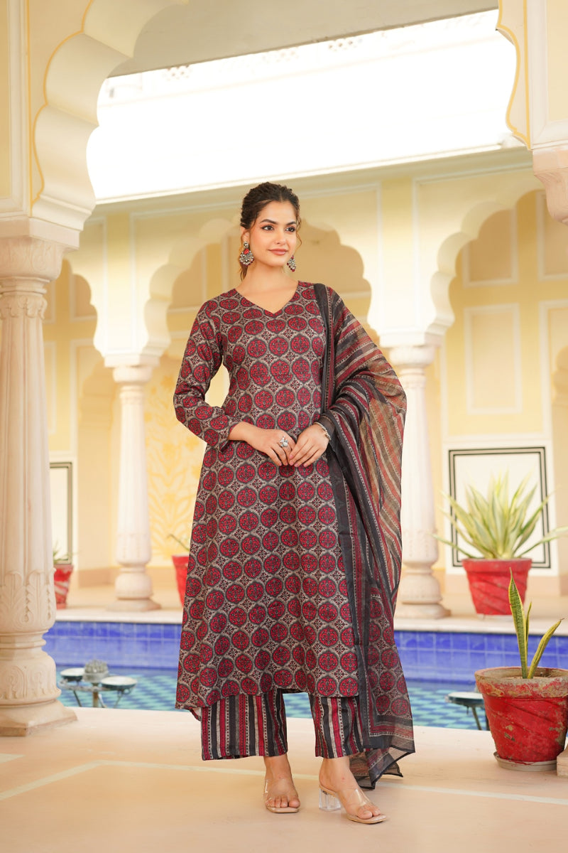 red rayon blend floral printed a line kurta palazzo with dupatta vkskd2332