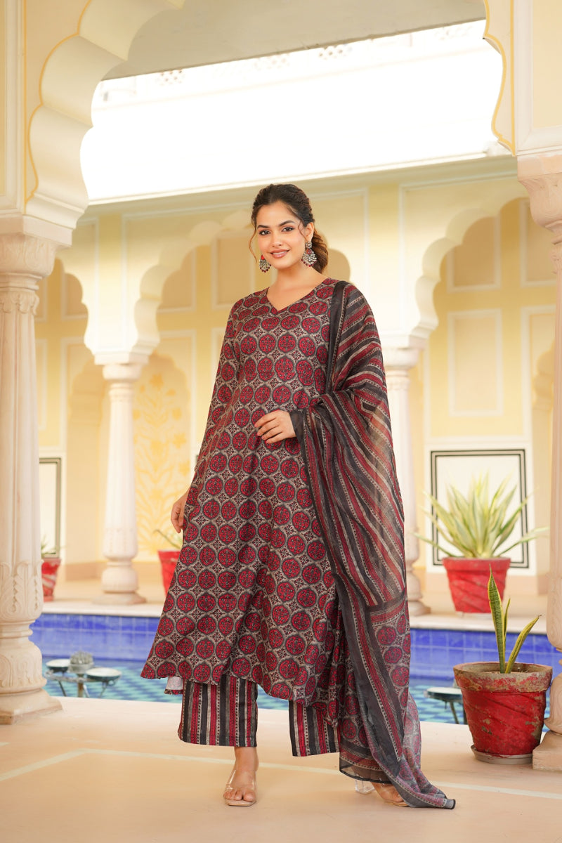 red rayon blend floral printed a line kurta palazzo with dupatta vkskd2332
