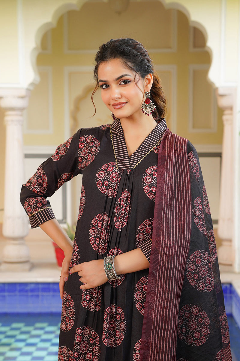 black rayon blend ajrakh printed straight kurta trousers with dupatta 