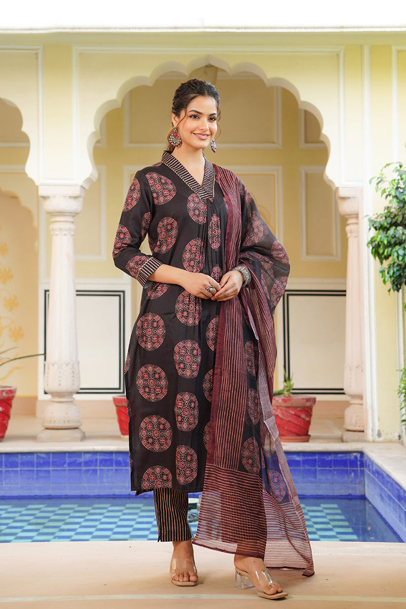 black rayon blend ajrakh printed straight kurta trousers with dupatta 