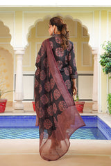 black rayon blend ajrakh printed straight kurta trousers with dupatta 