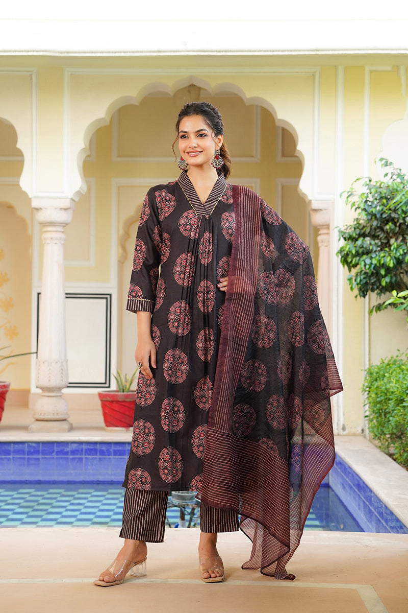 black rayon blend ajrakh printed straight kurta trousers with dupatta 