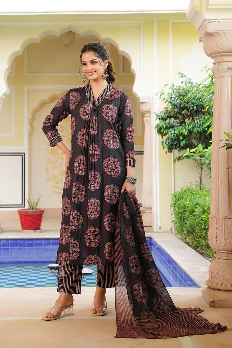 black rayon blend ajrakh printed straight kurta trousers with dupatta 