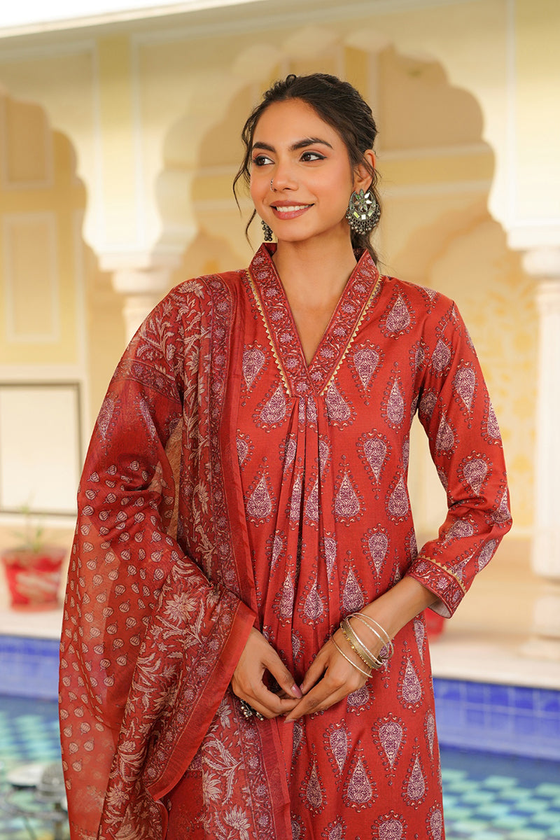 red rayon blend floral printed straight kurta trouser with dupatta vkskd2334