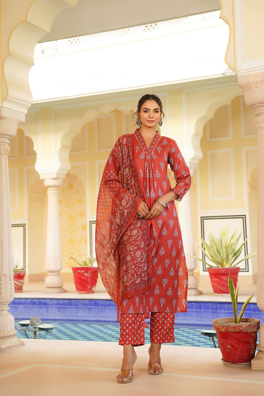 red rayon blend floral printed straight kurta trouser with dupatta vkskd2334