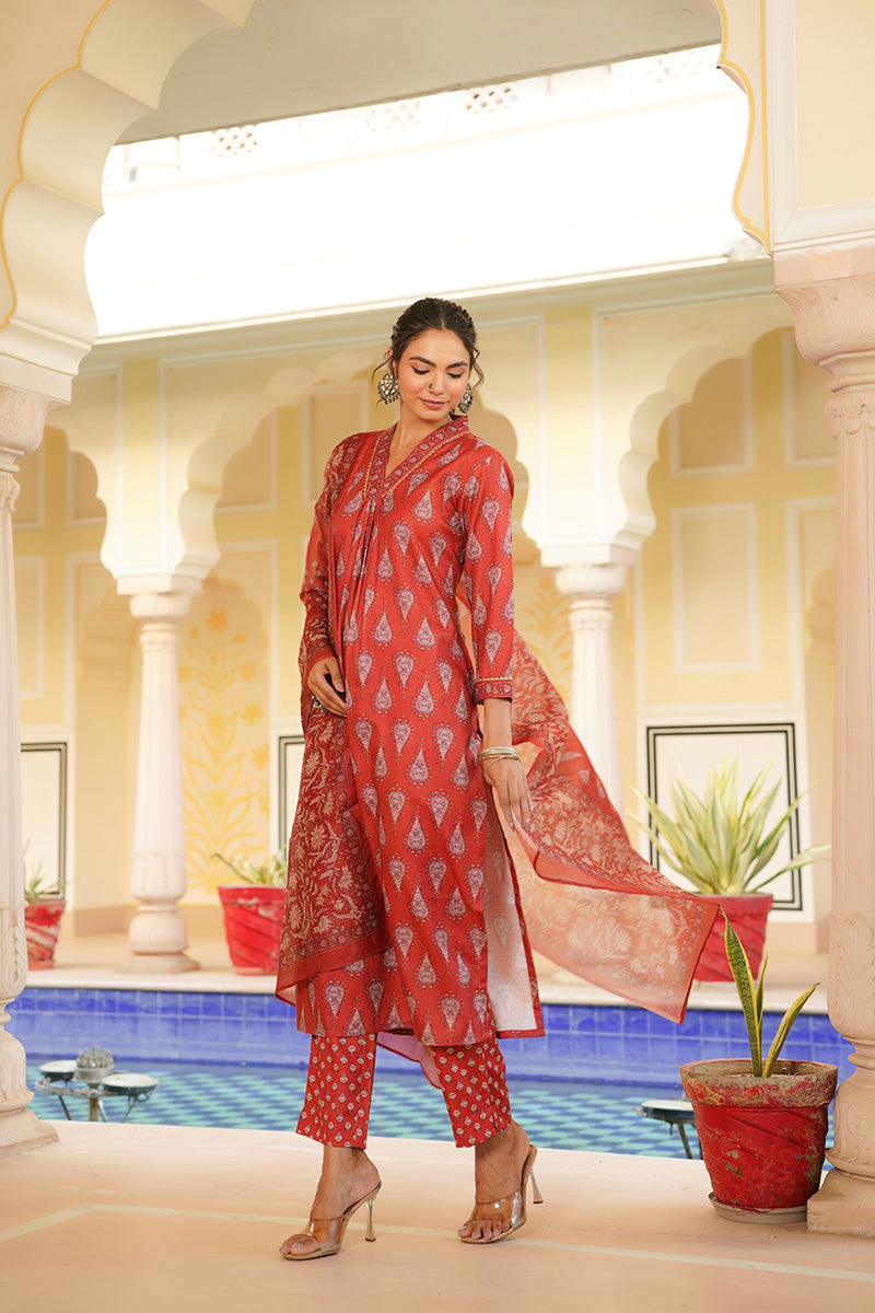 red rayon blend floral printed straight kurta trouser with dupatta vkskd2334