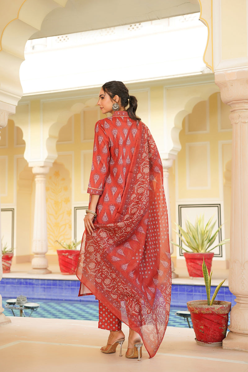red rayon blend floral printed straight kurta trouser with dupatta vkskd2334