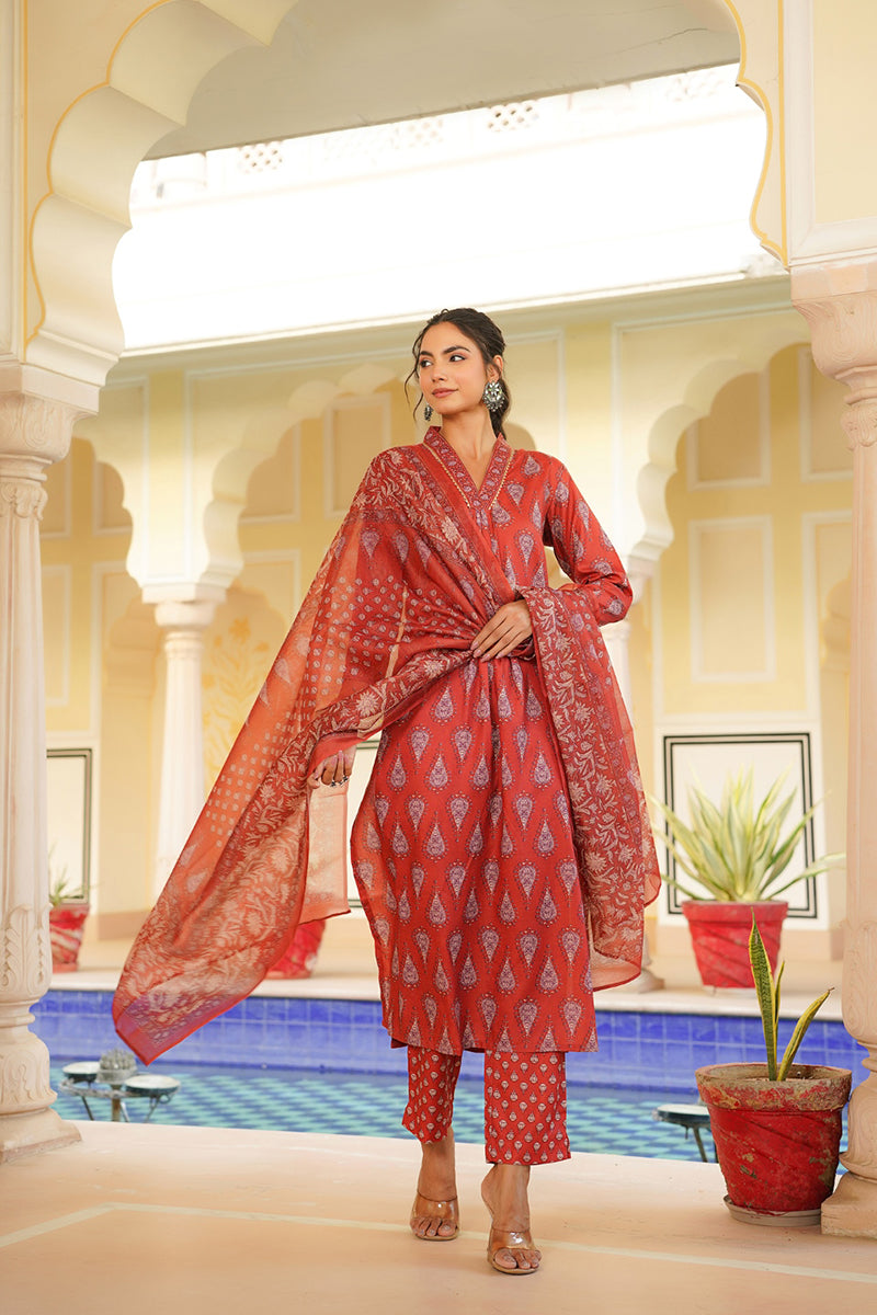 Red Rayon Blend Floral Printed Straight Kurta Trouser With Dupatta