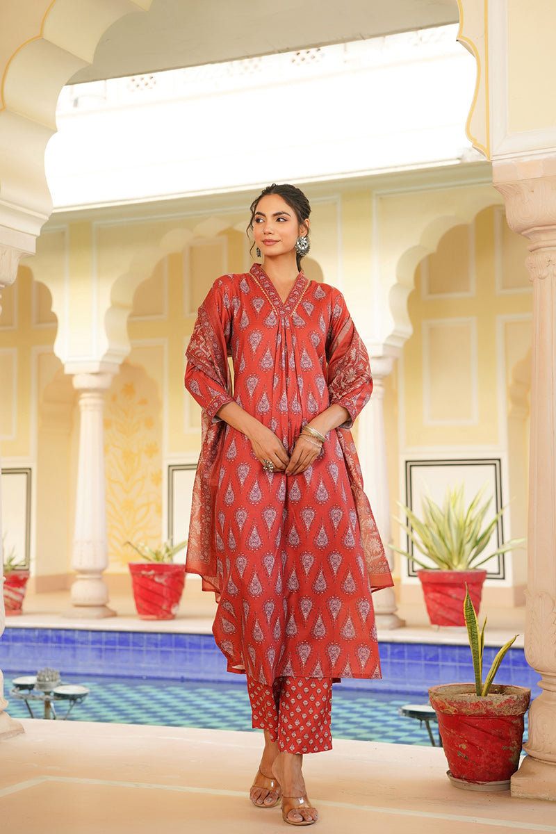 red rayon blend floral printed straight kurta trouser with dupatta vkskd2334