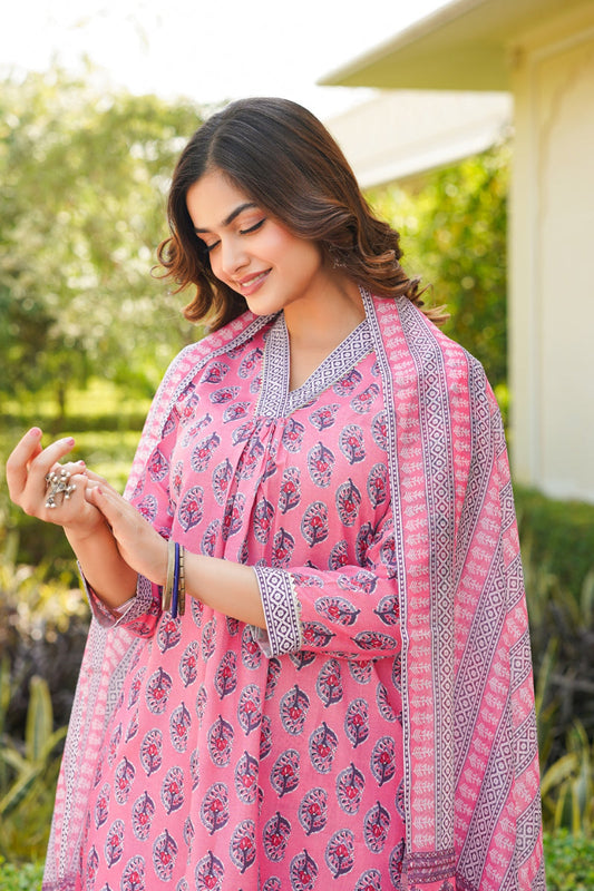 pink rayon blend ethnic motifs printed straight kurta trouser with dupatta 