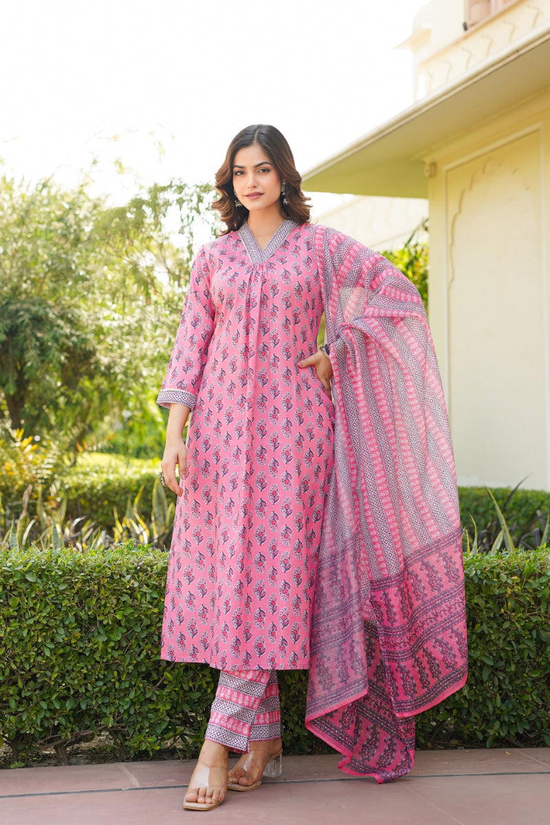 pink rayon blend ethnic motifs printed straight kurta trouser with dupatta 