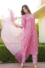 pink rayon blend ethnic motifs printed straight kurta trouser with dupatta 