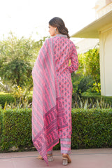 pink rayon blend ethnic motifs printed straight kurta trouser with dupatta 