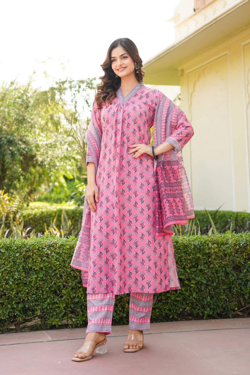 pink rayon blend ethnic motifs printed straight kurta trouser with dupatta 