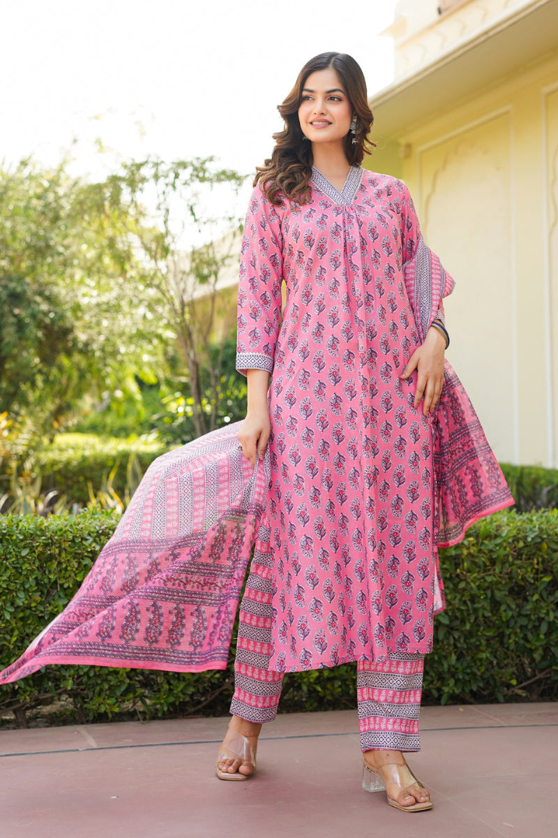 pink rayon blend ethnic motifs printed straight kurta trouser with dupatta 