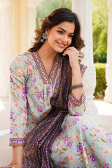 green rayon blend floral printed straight kurta trousers with dupatta 