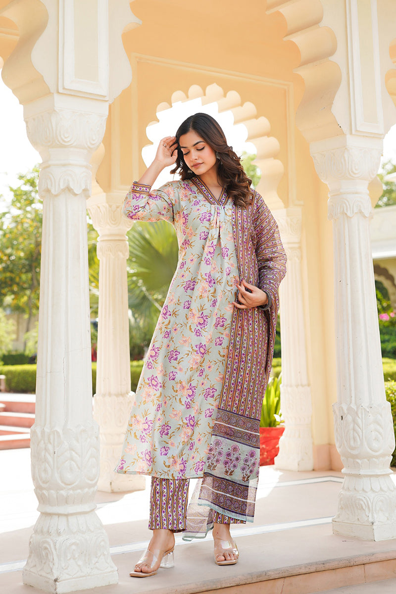 green rayon blend floral printed straight kurta trousers with dupatta 