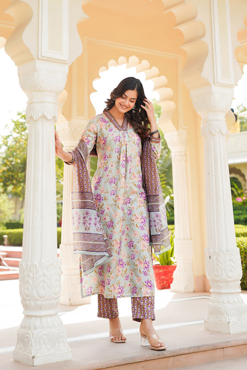 green rayon blend floral printed straight kurta trousers with dupatta 