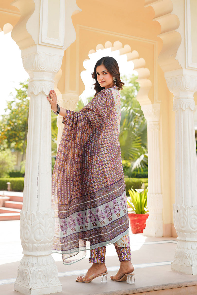 green rayon blend floral printed straight kurta trousers with dupatta 