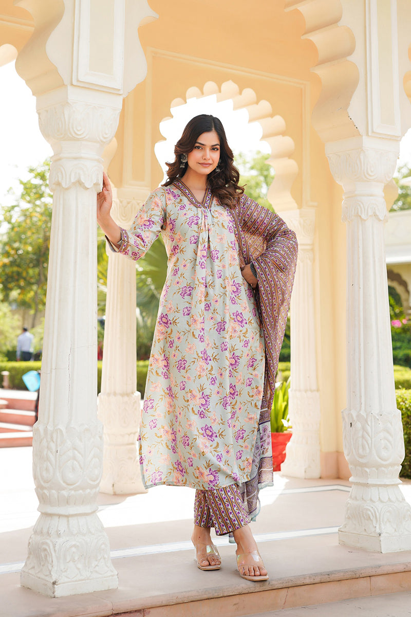 green rayon blend floral printed straight kurta trousers with dupatta 