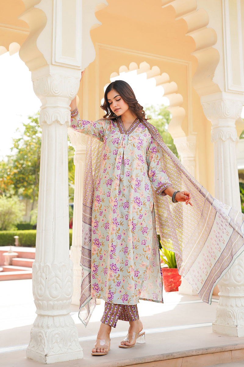 green rayon blend floral printed straight kurta trousers with dupatta 