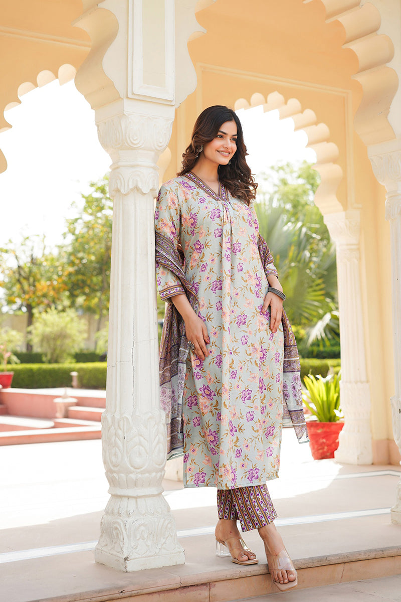 green rayon blend floral printed straight kurta trousers with dupatta 