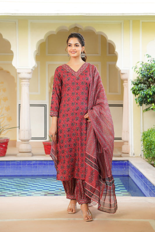 red rayon blend ethnic motifs printed straight kurta salwar with dupatta 