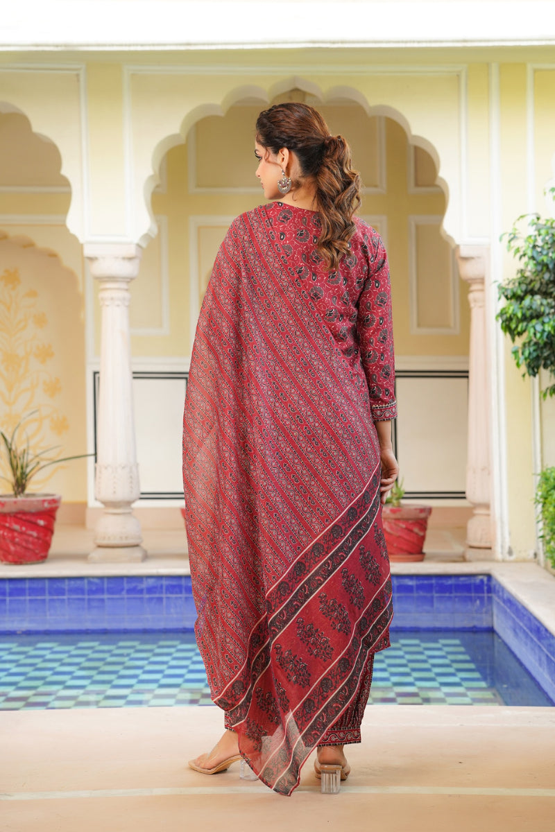 red rayon blend ethnic motifs printed straight kurta salwar with dupatta 