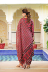 red rayon blend ethnic motifs printed straight kurta salwar with dupatta 