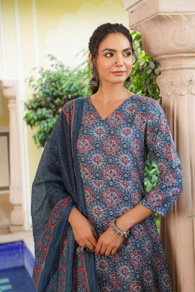 blue rayon blend ajrakh printed a line kurta palazzo with dupatta vkskd2346
