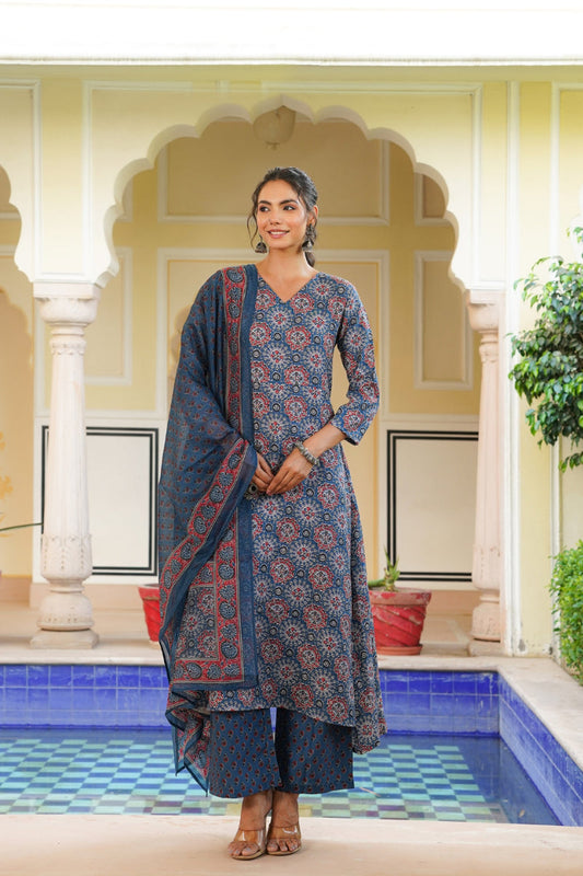 blue rayon blend ajrakh printed a line kurta palazzo with dupatta vkskd2346