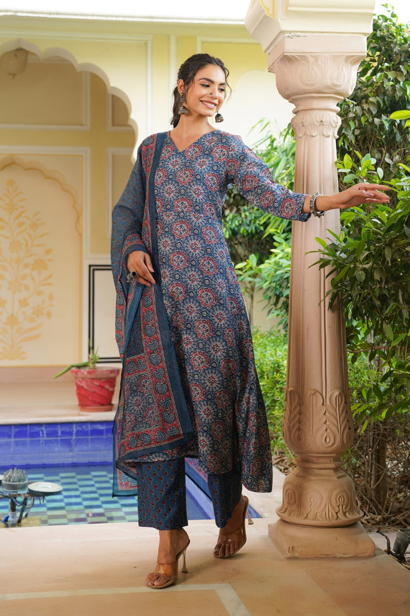 blue rayon blend ajrakh printed a line kurta palazzo with dupatta vkskd2346