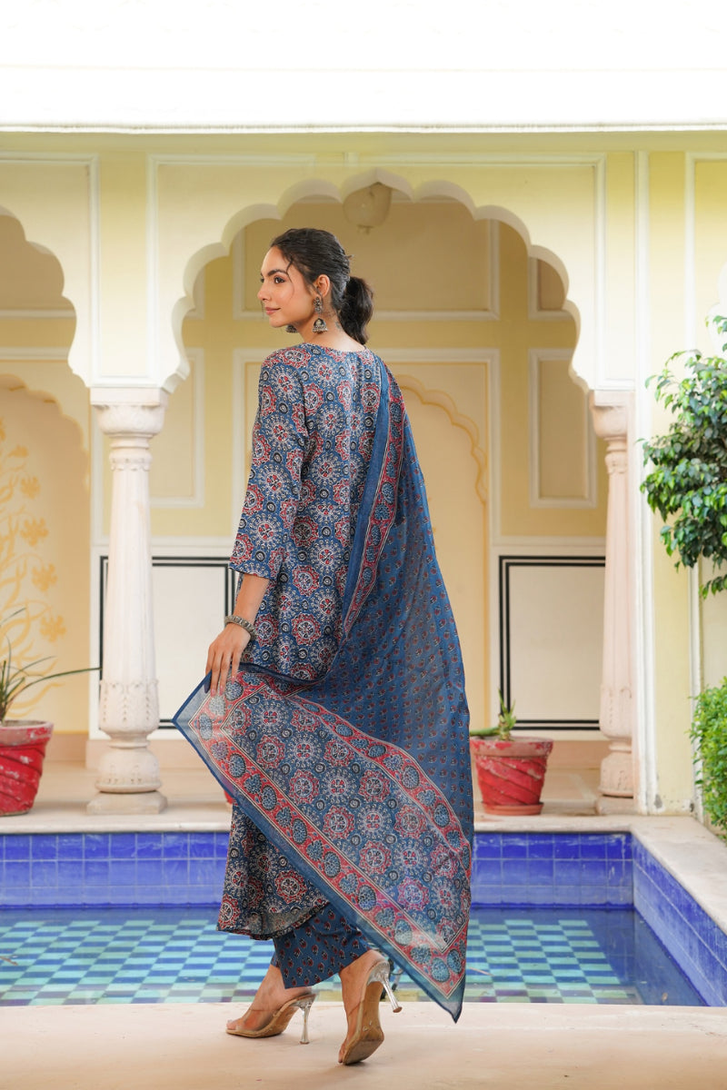Blue Rayon Blend Ajrakh Printed A Line Kurta Palazzo With Dupatta