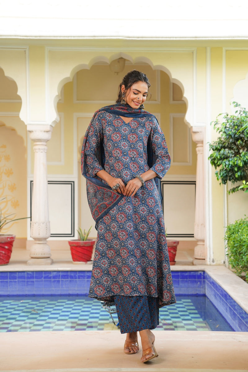 blue rayon blend ajrakh printed a line kurta palazzo with dupatta vkskd2346
