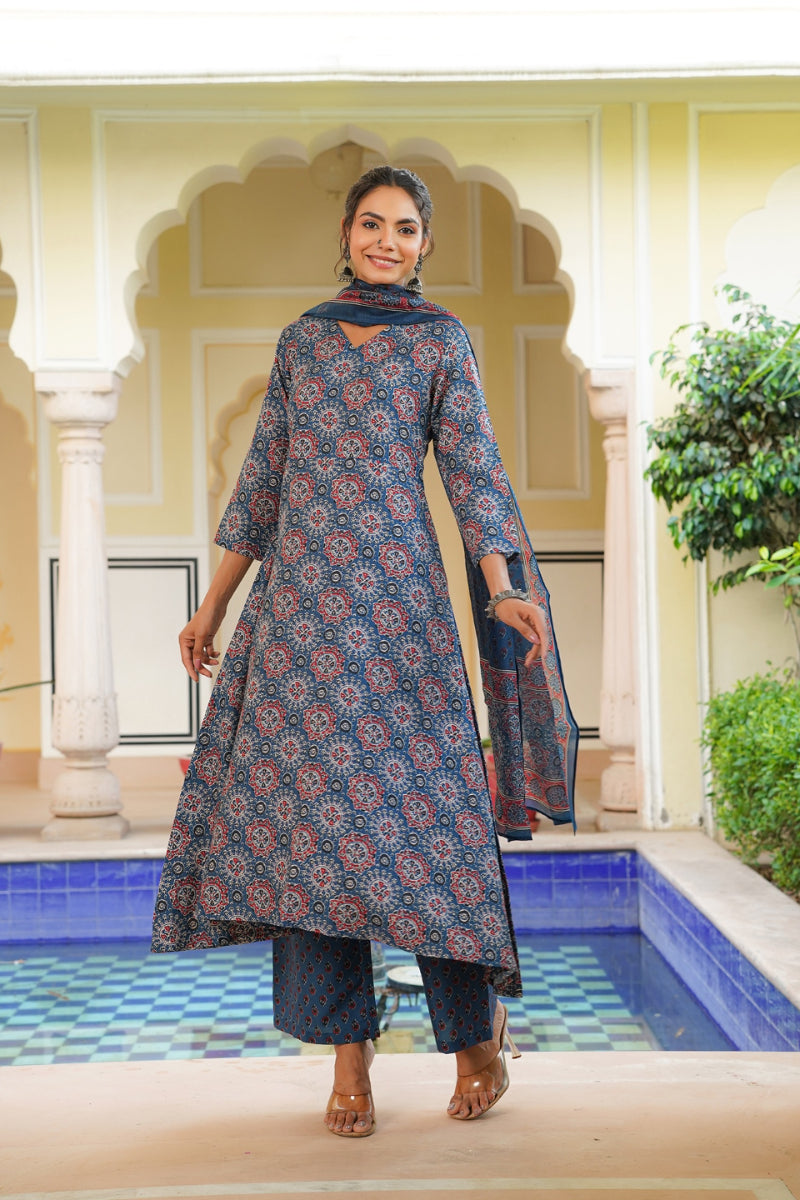 blue rayon blend ajrakh printed a line kurta palazzo with dupatta vkskd2346