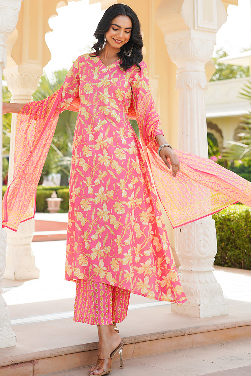 pink rayon blend floral printed a line kurta palazzo with dupatta vkskd2347
