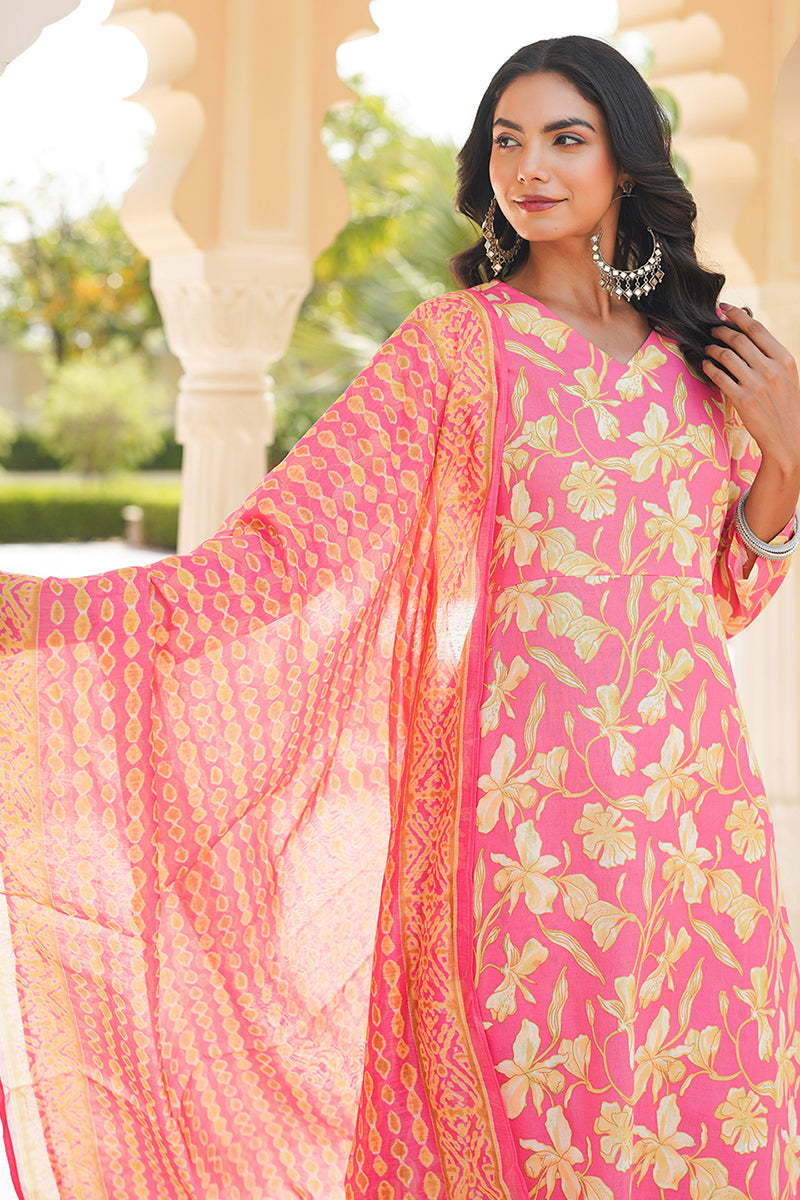 pink rayon blend floral printed a line kurta palazzo with dupatta vkskd2347