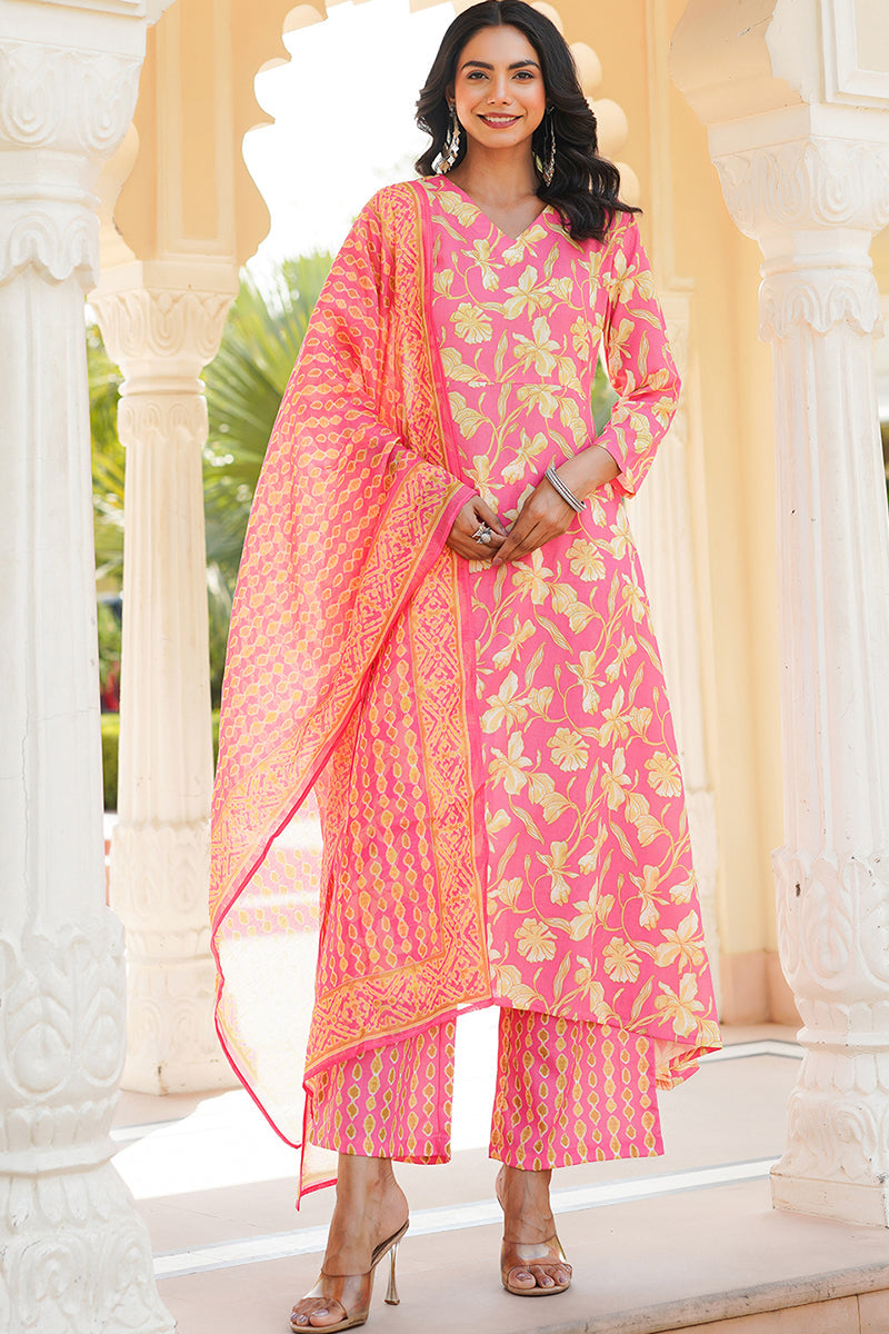 pink rayon blend floral printed a line kurta palazzo with dupatta vkskd2347