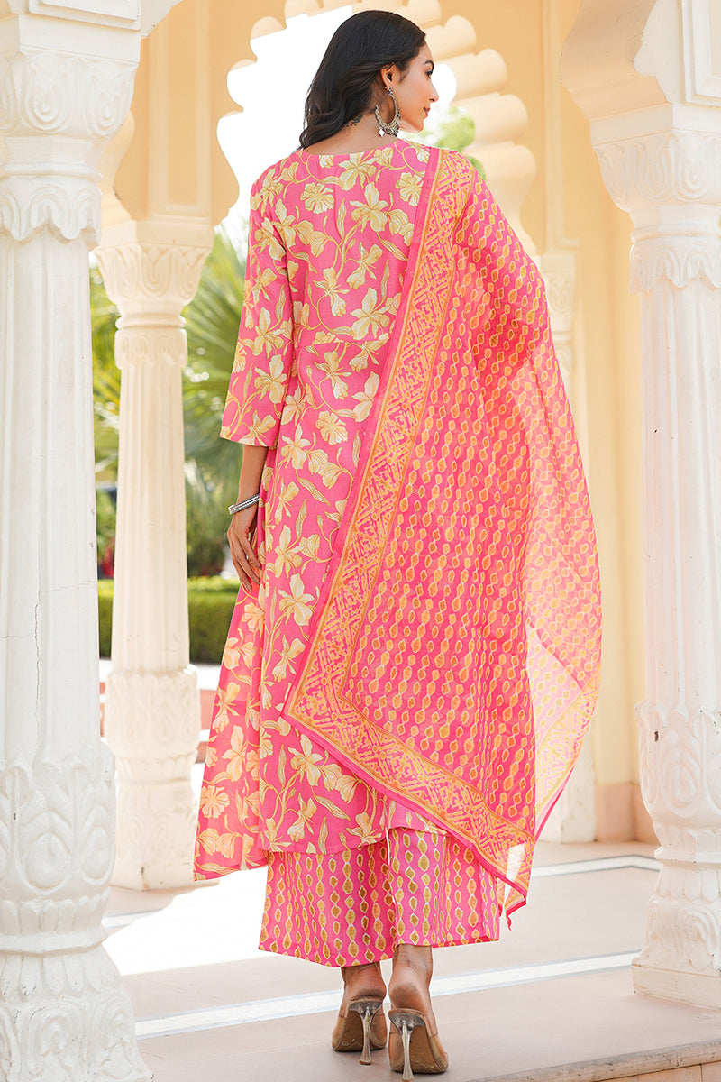 pink rayon blend floral printed a line kurta palazzo with dupatta vkskd2347